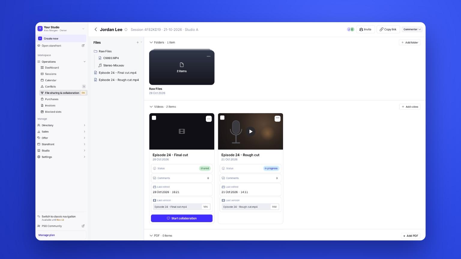 A podcast studio session page showing delivered files, versions and timestamped client comments on an edit