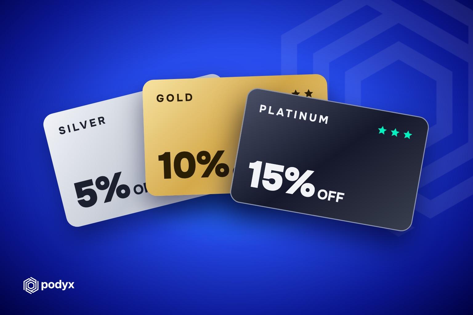 Silver, Gold and Platinum loyalty membership cards for a podcast studio, offering 5%, 10% and 15% off