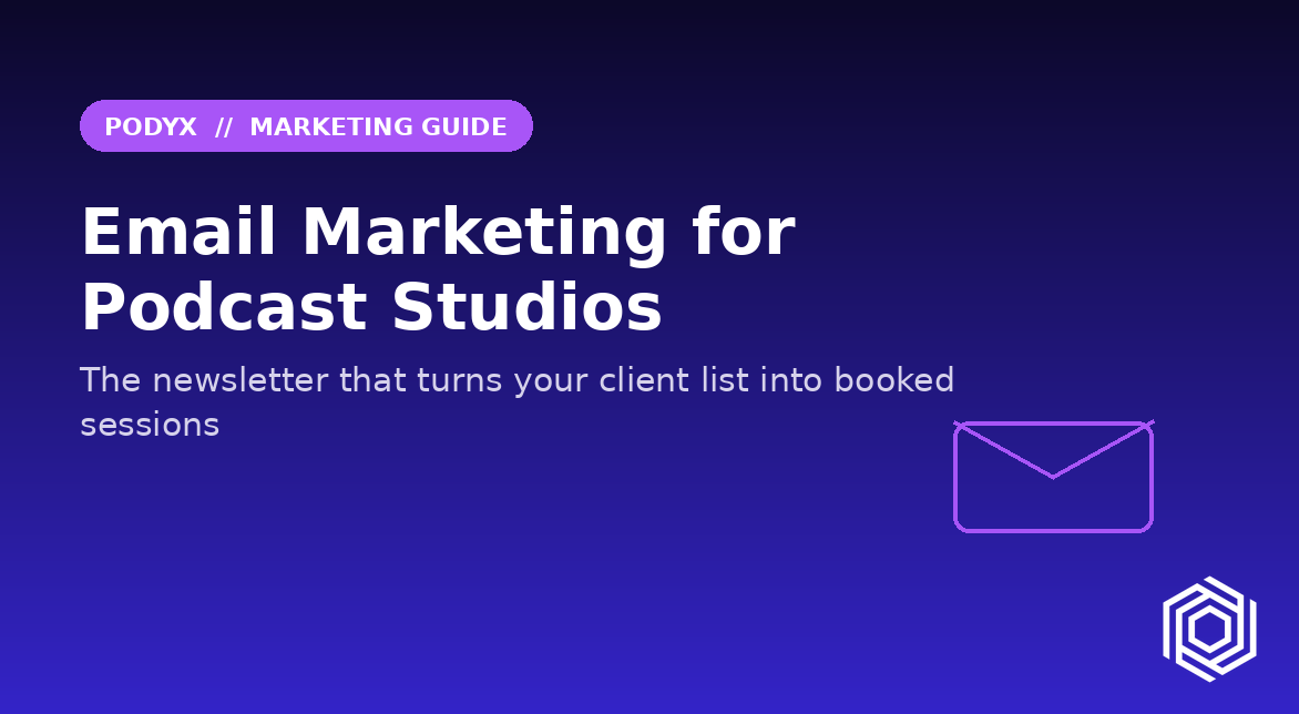 A title card reading "Email marketing for podcast studios" beside an envelope outline