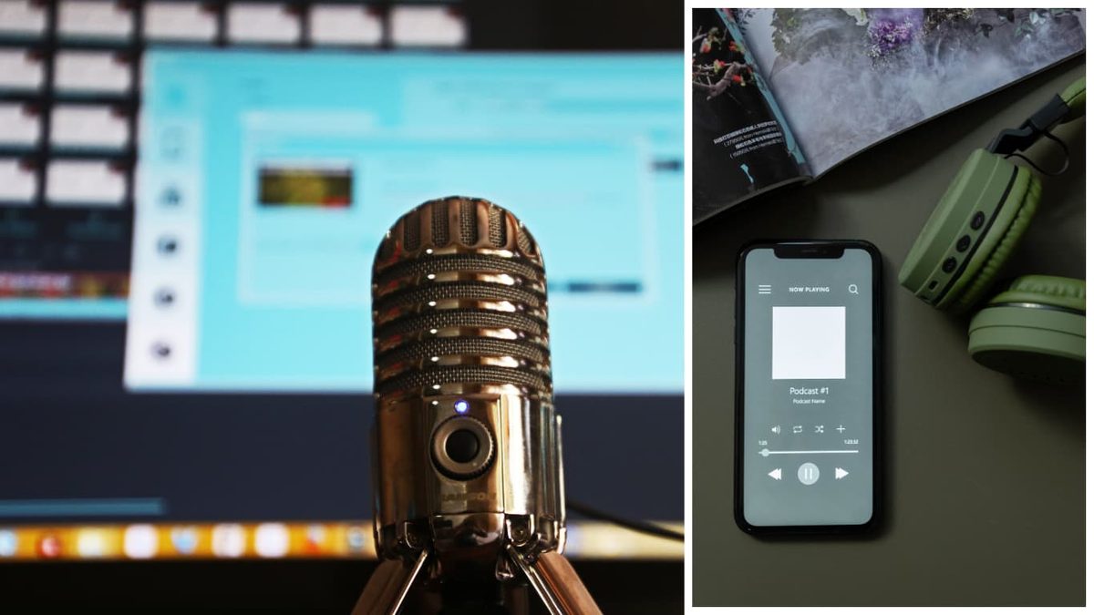 A gold microphone in front of a monitor, beside a phone and headphones