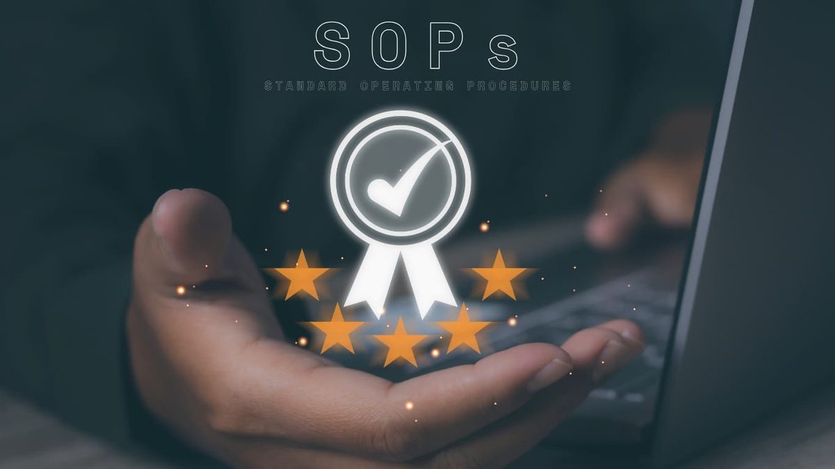A hand holding a glowing quality badge and stars, captioned with standard operating procedures