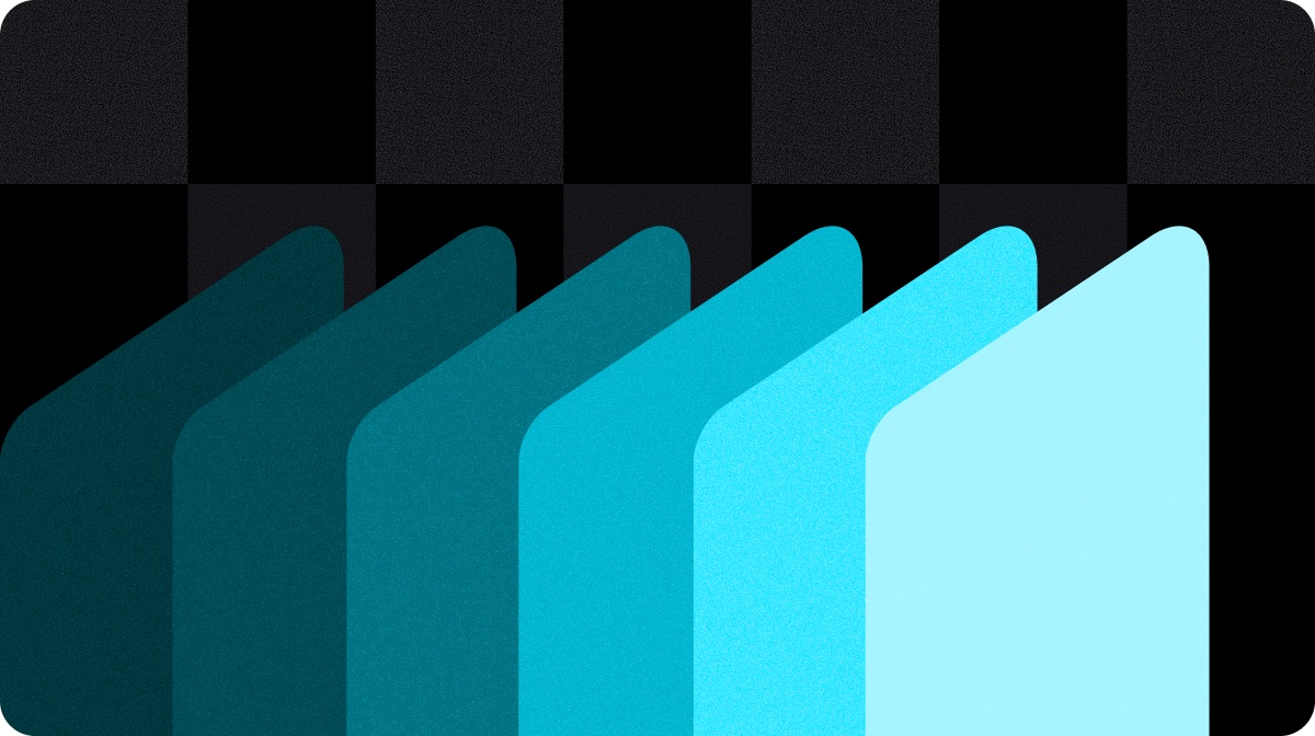 Six rounded panels fanned out from dark teal to pale cyan on black