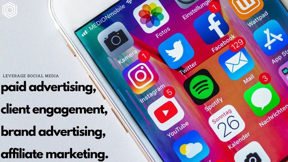 A phone home screen of social apps, listed with paid advertising, client engagement, brand advertising and affiliate marketing