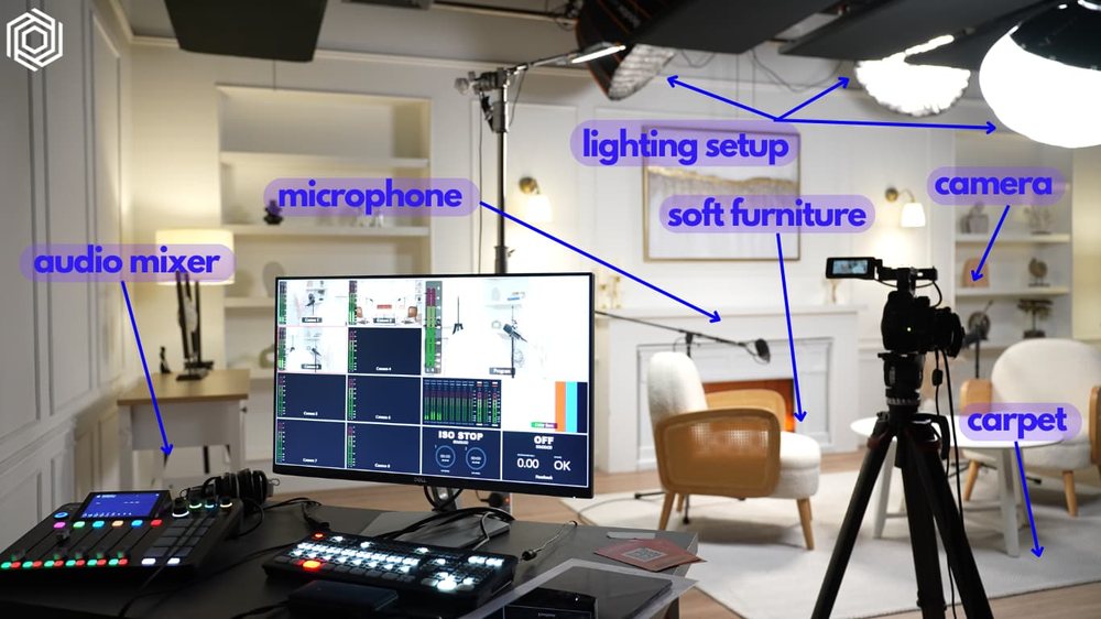A studio photograph with the audio mixer, microphone, lighting, camera, furniture and carpet labelled