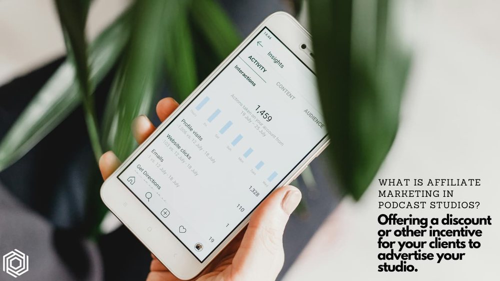 A phone showing audience analytics, beside a note explaining affiliate marketing for studios