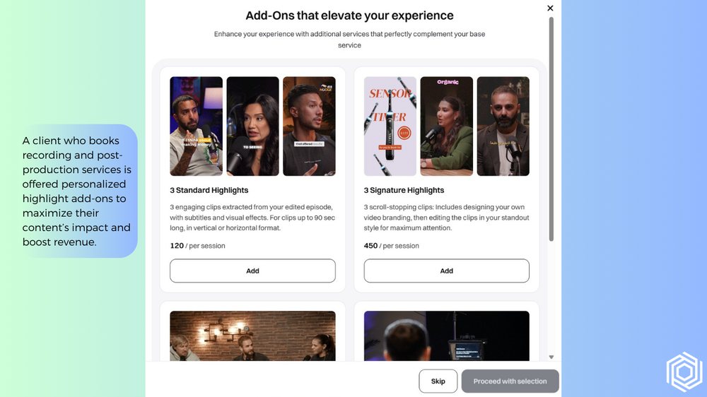 A Podyx add-ons screen offering highlight clip packages during checkout