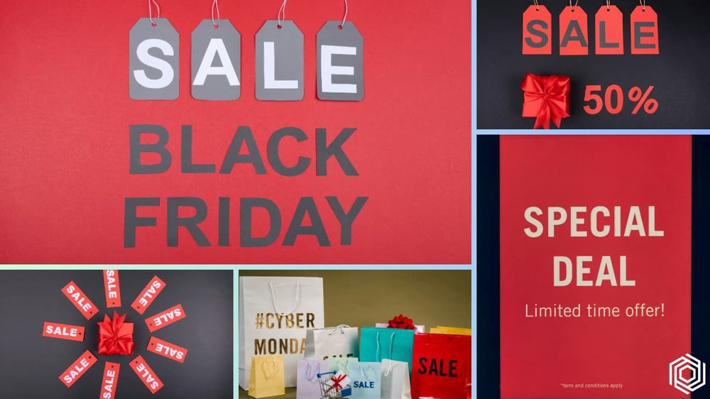 A collage of sale and Black Friday promotional graphics