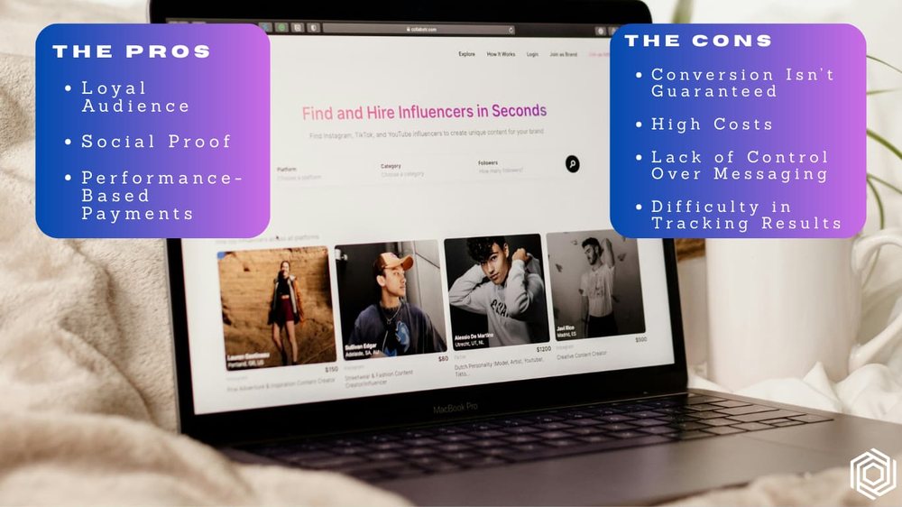 An influencer marketing platform on a laptop, with the pros and cons listed either side