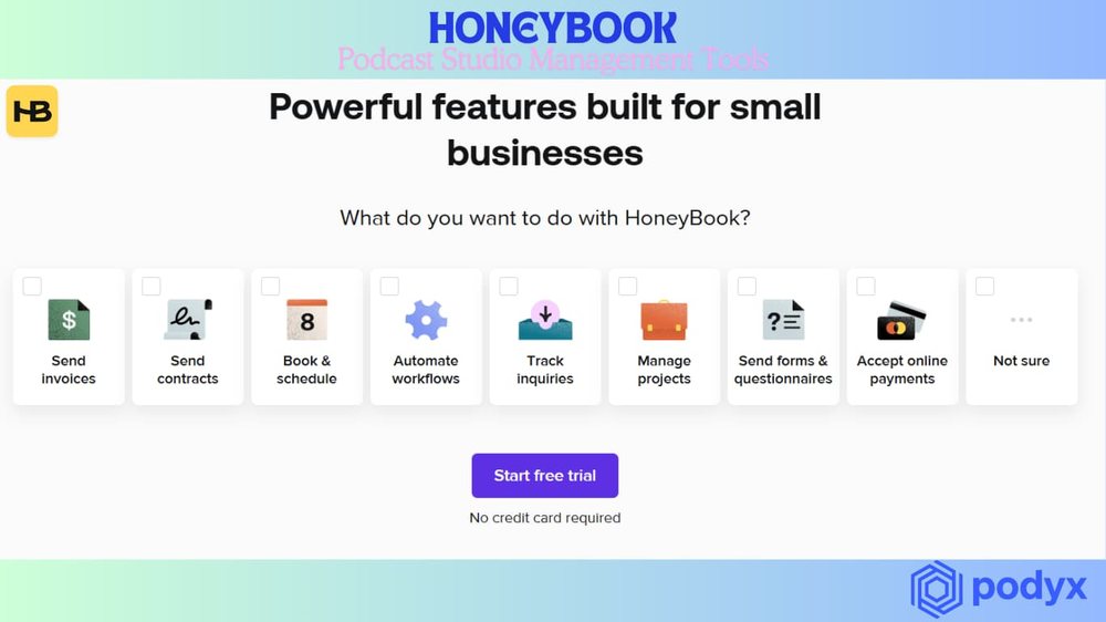 The HoneyBook website, showing features for small businesses