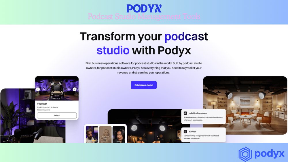 The Podyx website, headed: transform your podcast studio with Podyx