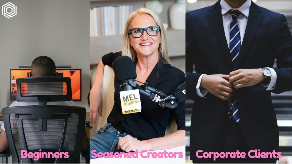 Three client groups for a podcast studio: beginners, seasoned creators, corporate clients