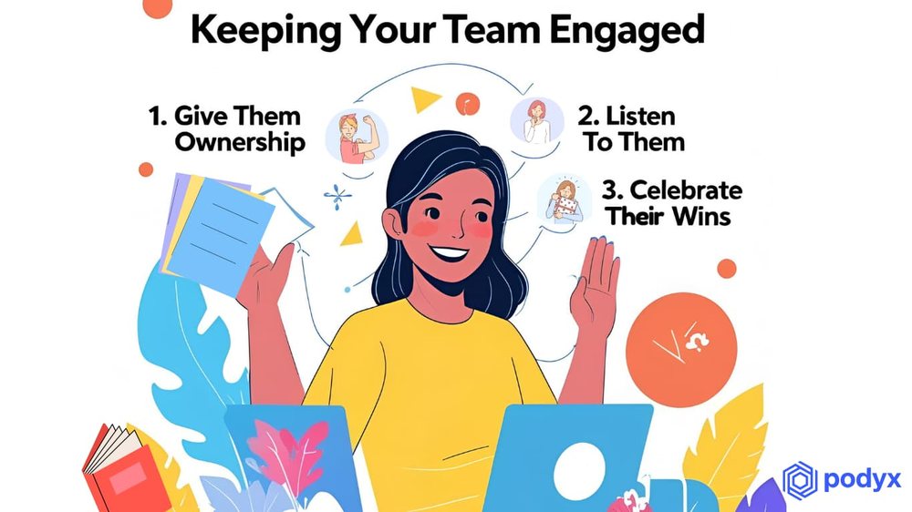 An illustration of three ways to motivate a team: give them ownership, listen, celebrate their wins
