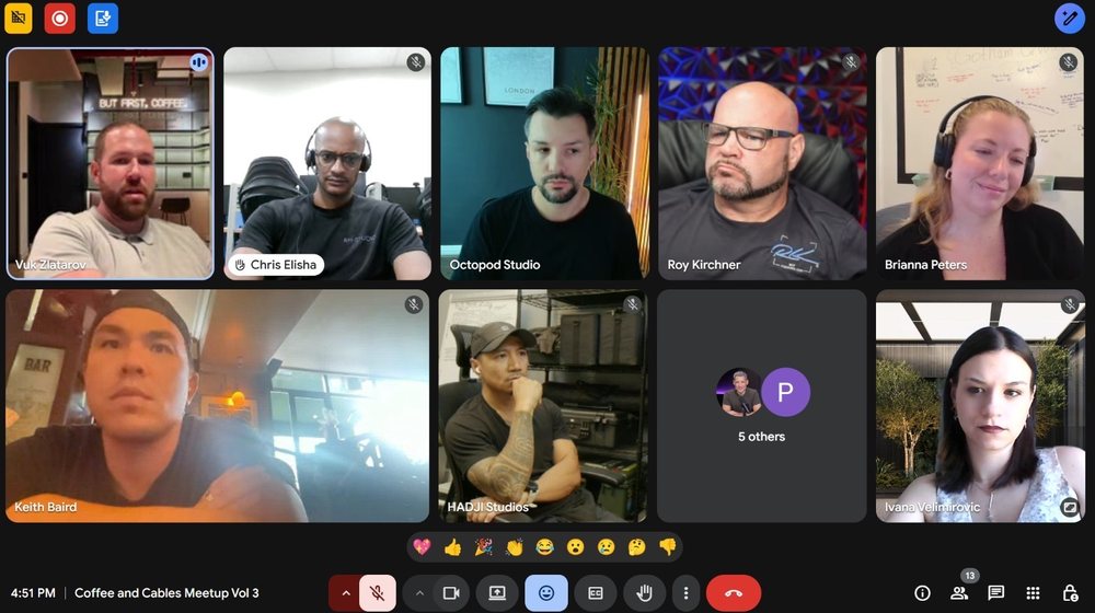 A video call grid of podcast studio owners at a Coffee and Cables meetup