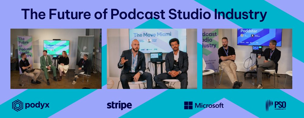 Three panel photographs from the Future of Podcast Studio Industry event, with the Podyx, Stripe, Microsoft and PSO logos