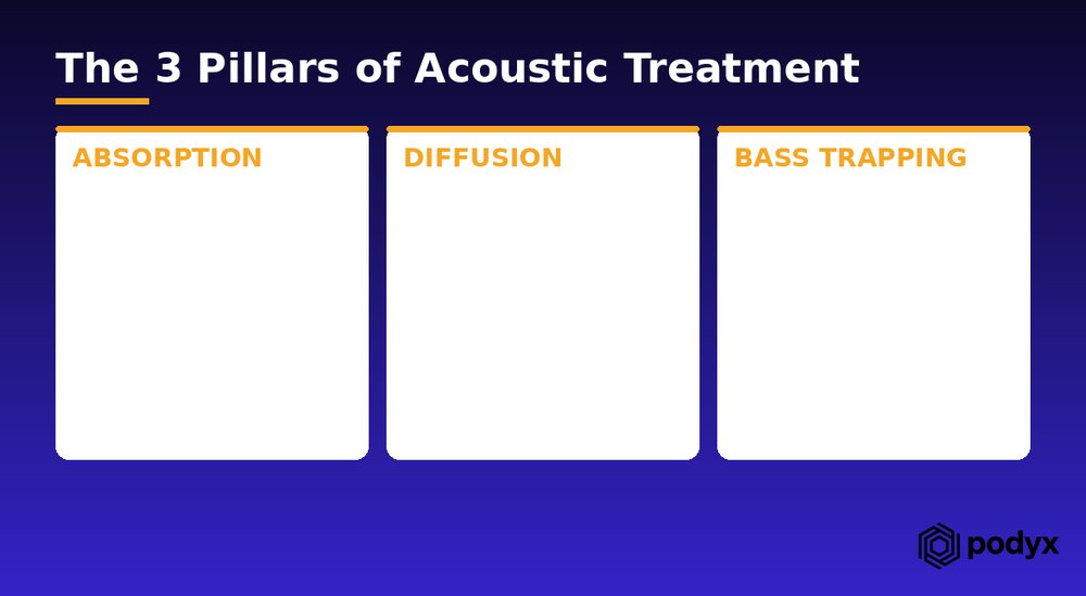 The three pillars of acoustic treatment: absorption, diffusion, bass trapping