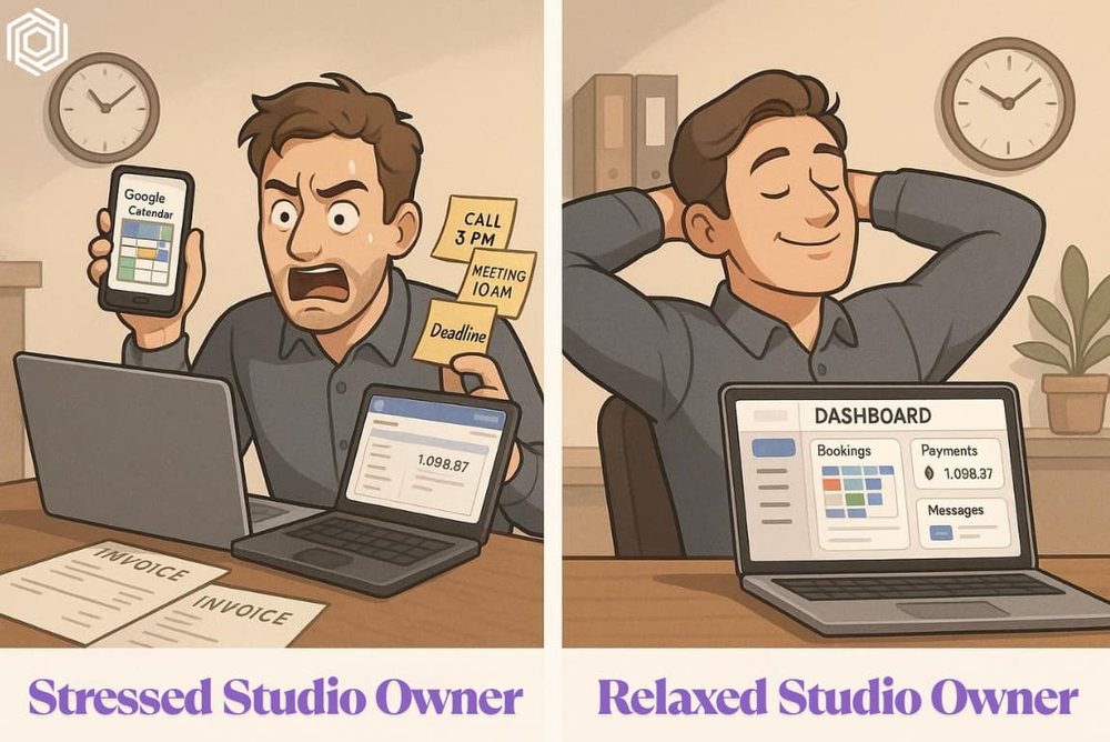 An illustration contrasting a stressed studio owner buried in paperwork with a relaxed one using a dashboard
