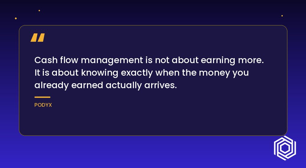 A quote card: cash flow management is about knowing when the money you already earned arrives