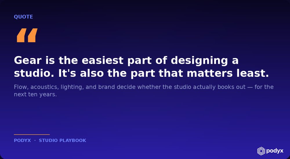 A quote card: gear is the easiest part of designing a studio, and the part that matters least