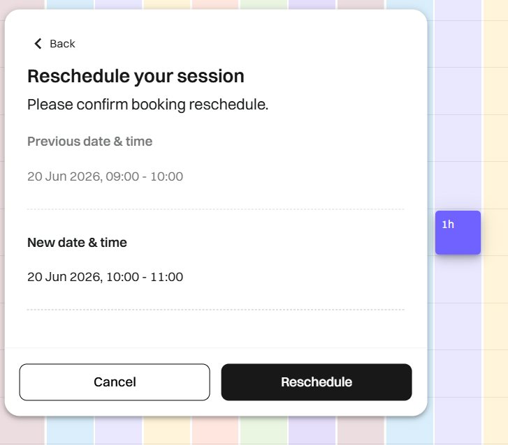 A Podyx reschedule dialog showing the previous and new date and time for a session