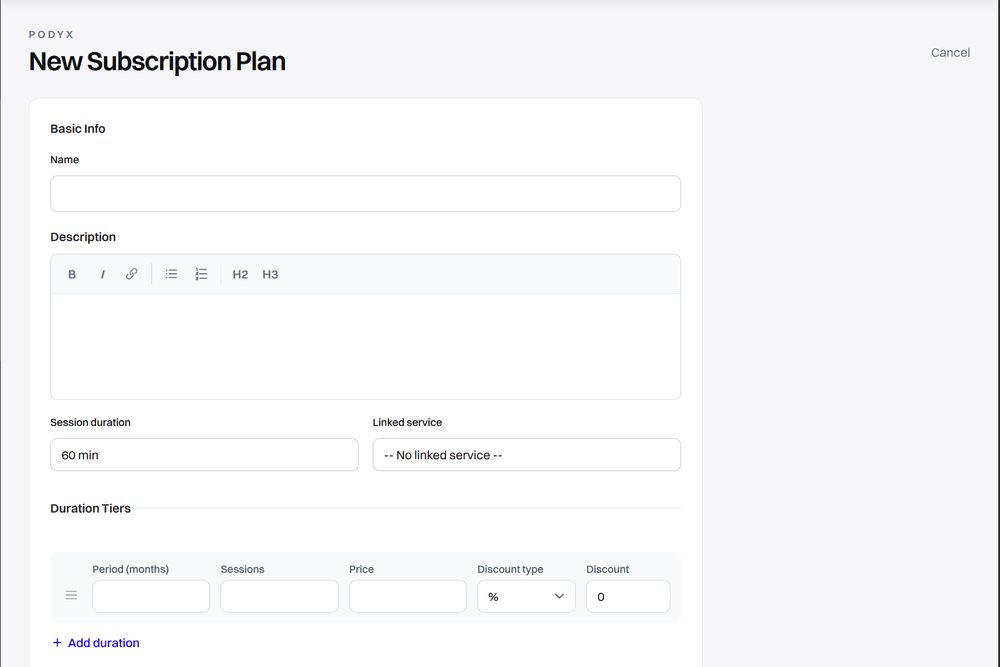 The Podyx new subscription plan form, with session duration and duration tiers