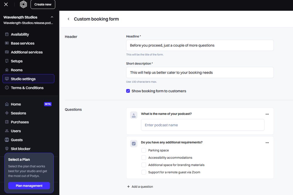 The Podyx admin panel with the custom booking form builder open