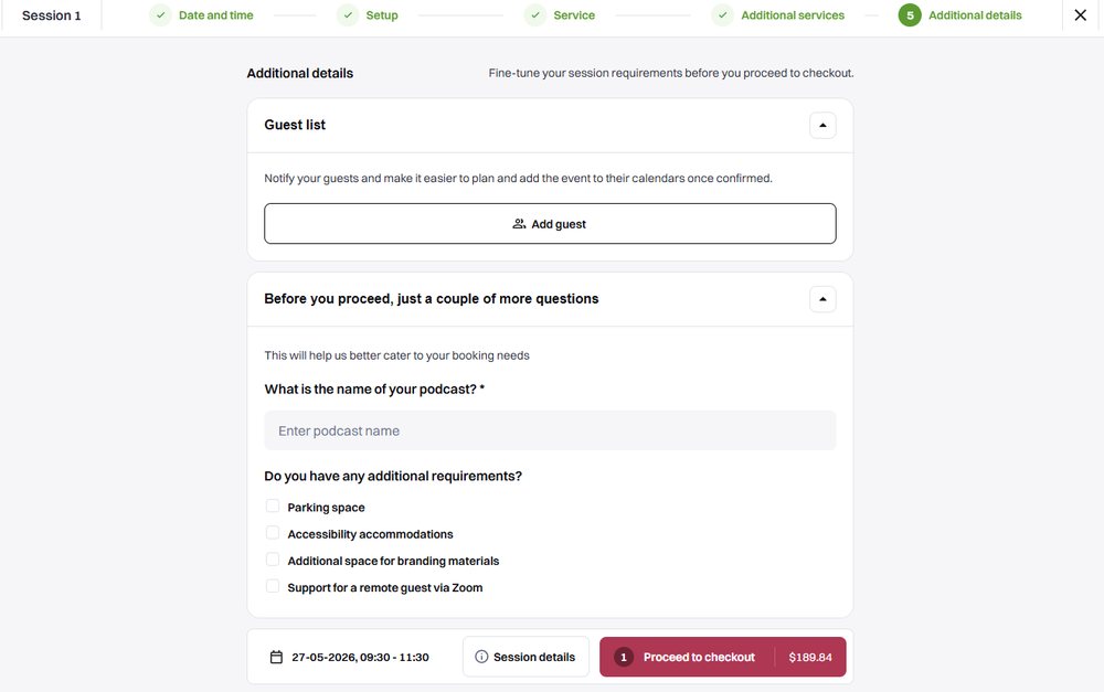 A Podyx client booking flow with a custom form asking for the podcast name and extra requirements