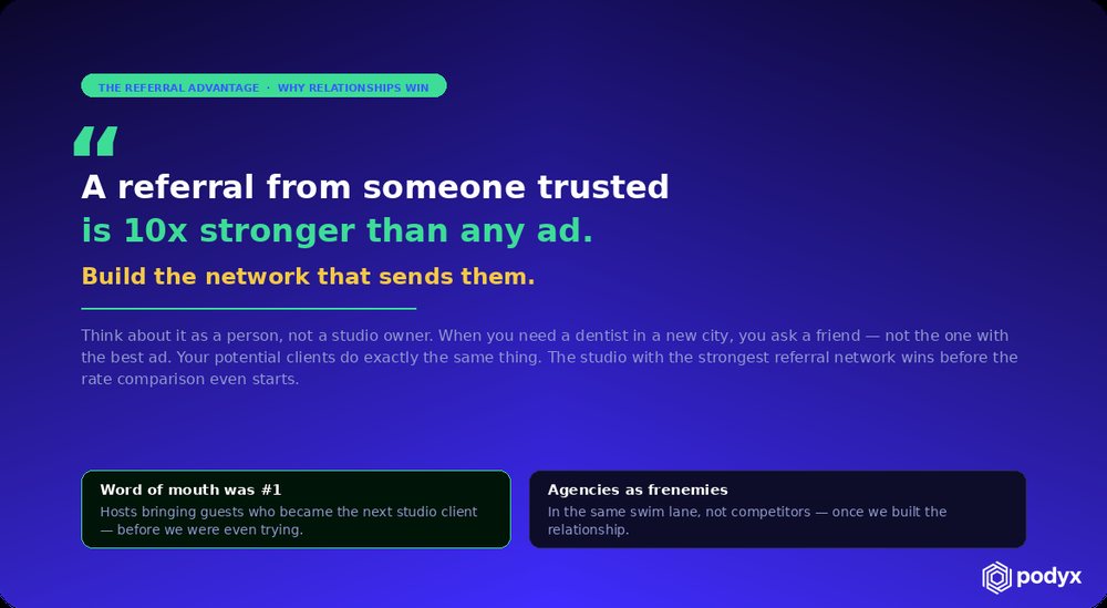 A card: a referral from someone trusted is ten times stronger than any ad