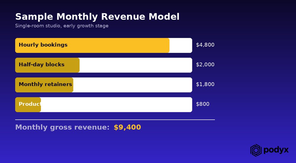 A sample monthly revenue model totalling $9,400 across bookings, blocks, retainers, and products