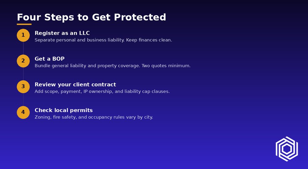 Four steps to get protected: register the company, get a business owner's policy, review the client contract, check local permits