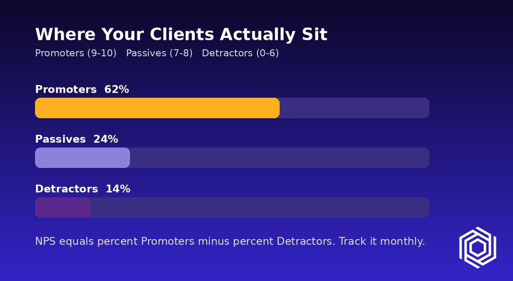 A bar chart of where clients sit: promoters 62%, passives 24%, detractors 14%