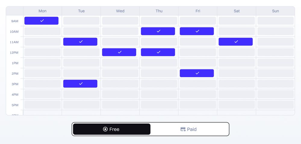 A Podyx studio tour calendar with slots checked across the week, and a free or paid toggle