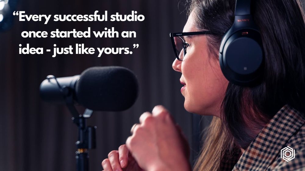 A host at a microphone, captioned: every successful studio once started with an idea