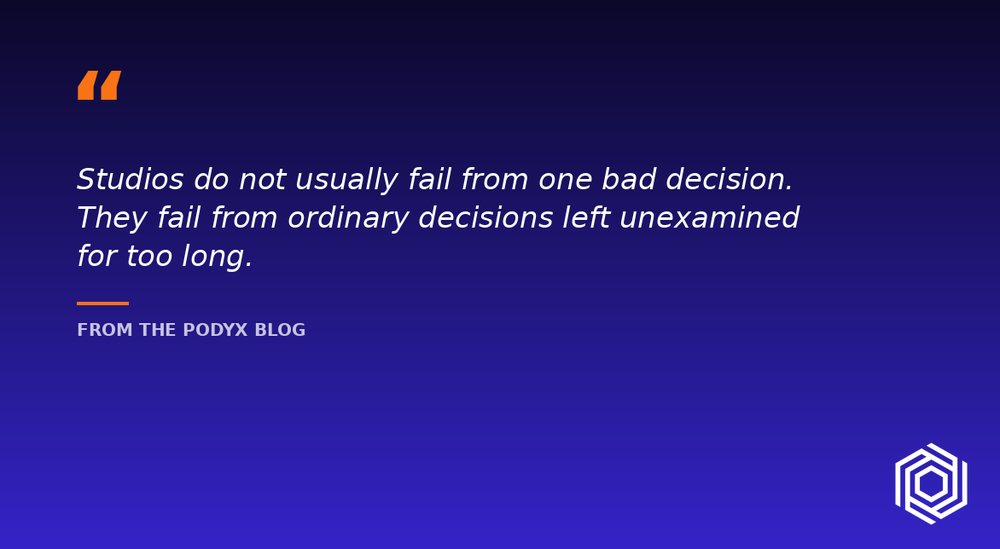 A quote card: studios fail from ordinary decisions left unexamined for too long