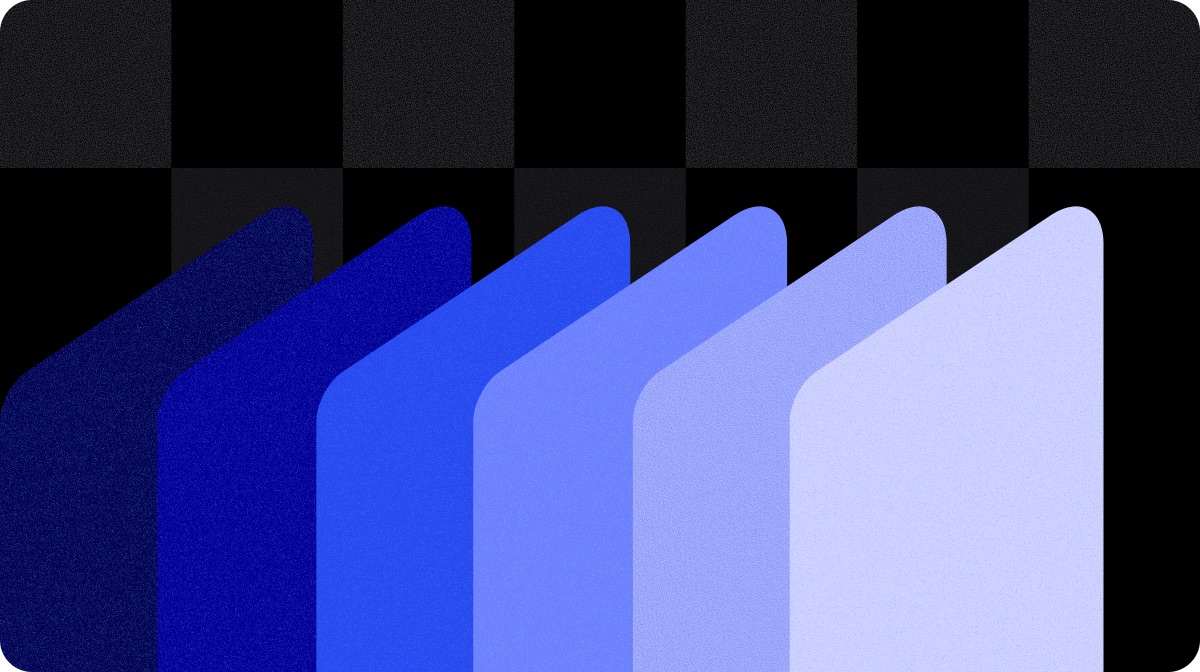 Six rounded panels fanned out from deep navy to pale blue on black