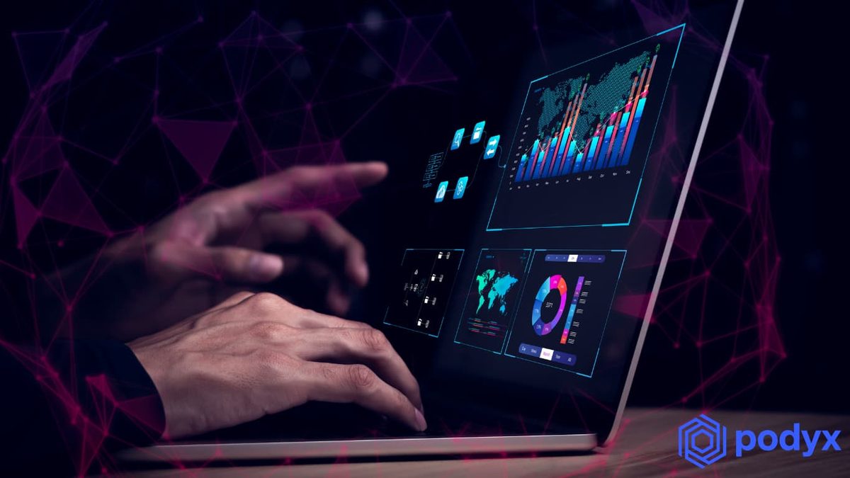 Hands typing on a laptop showing charts, with the Podyx mark alongside