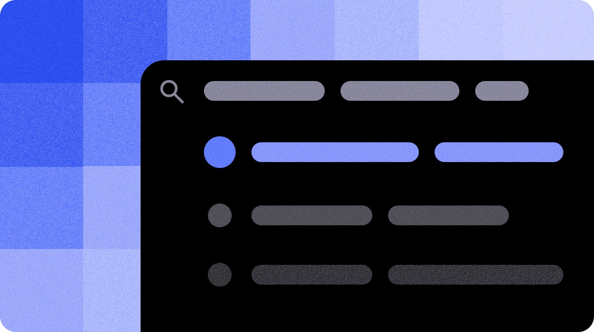 A dark search panel with one highlighted blue result, over a blue check pattern