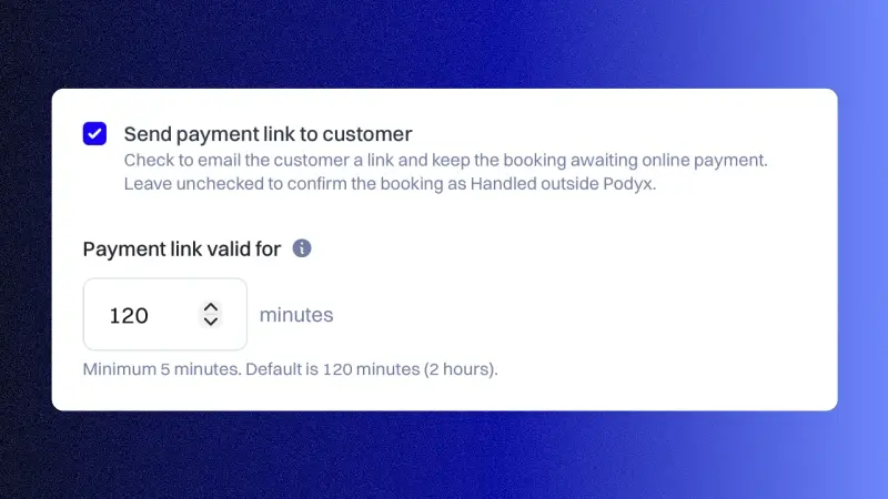 Podyx payment link for collecting session payments