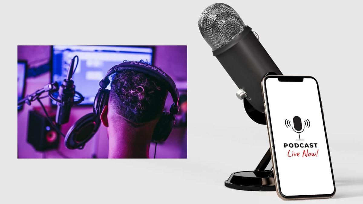 A microphone beside a phone reading: podcast live now