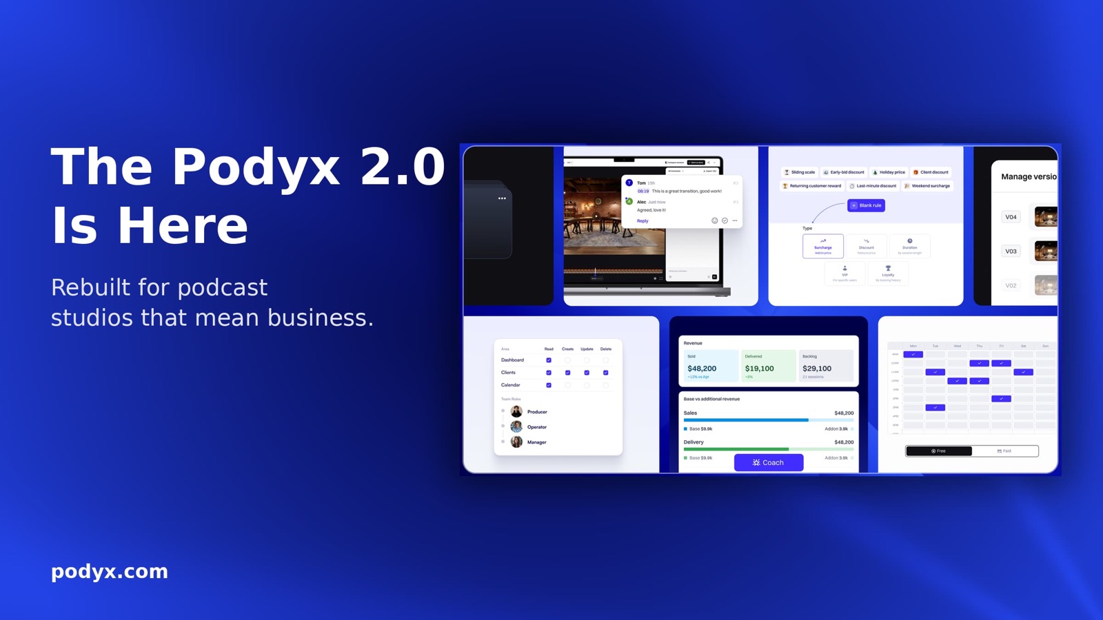 A launch card reading "The Podyx 2.0 is here" beside a grid of new dashboard, pricing, and calendar screens