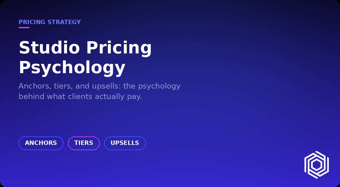 A title card reading "Studio pricing psychology" over pills for anchors, tiers, and upsells