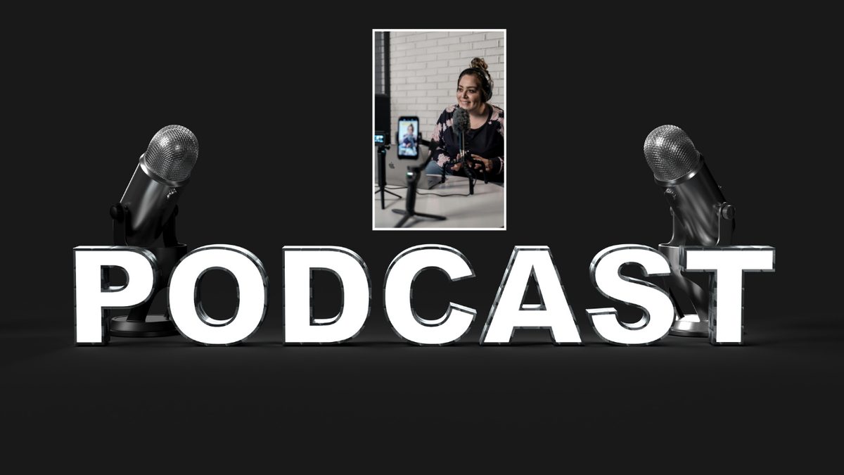 A dark title card reading: podcast, set between two microphones