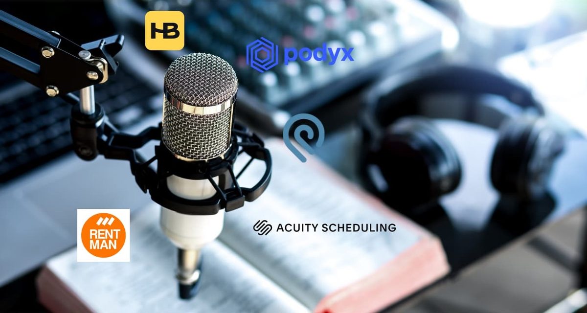 A microphone and headphones surrounded by the logos of scheduling tools