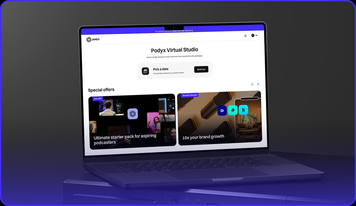 A laptop showing the Podyx virtual studio and its special offers