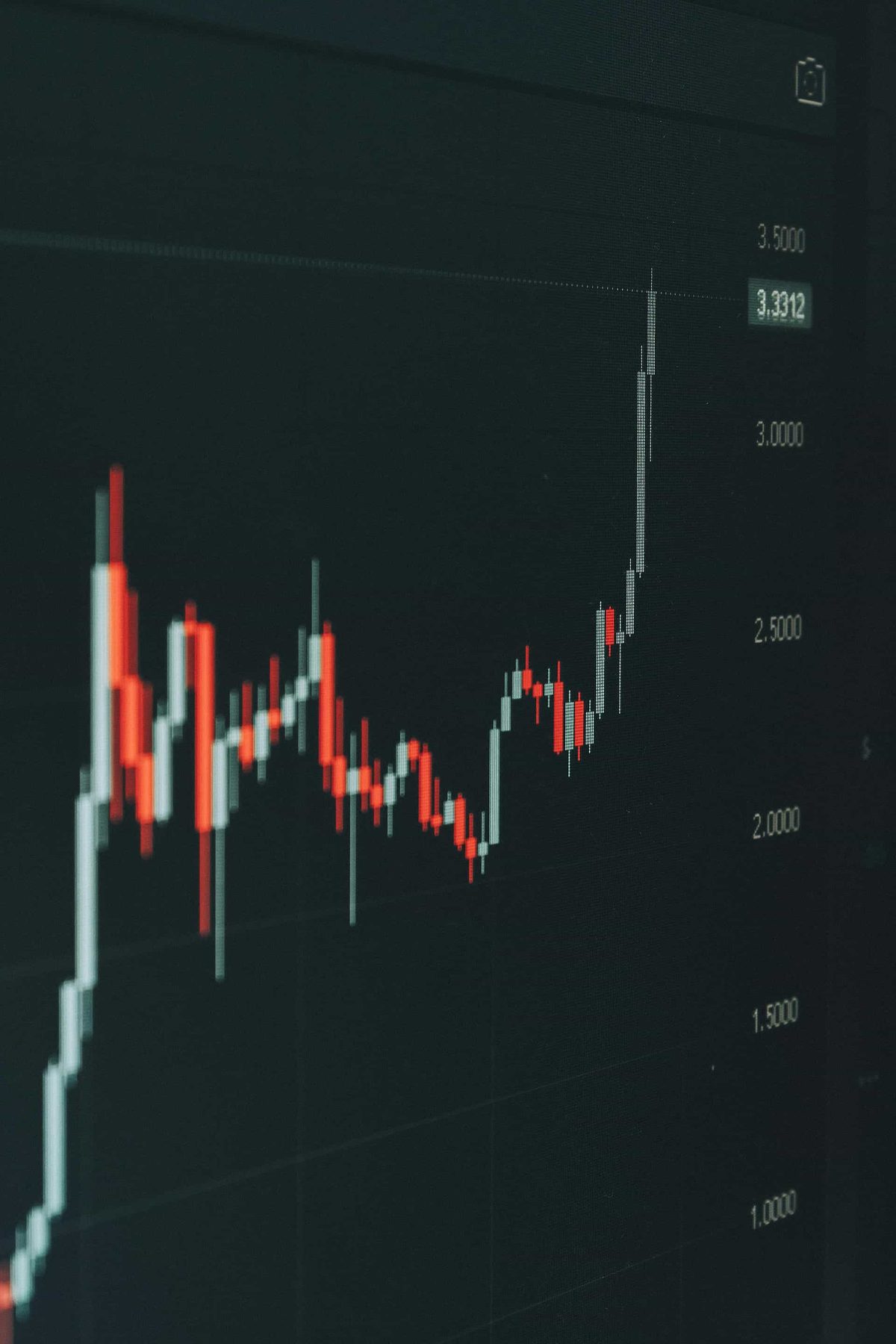 A candlestick price chart climbing on a dark screen