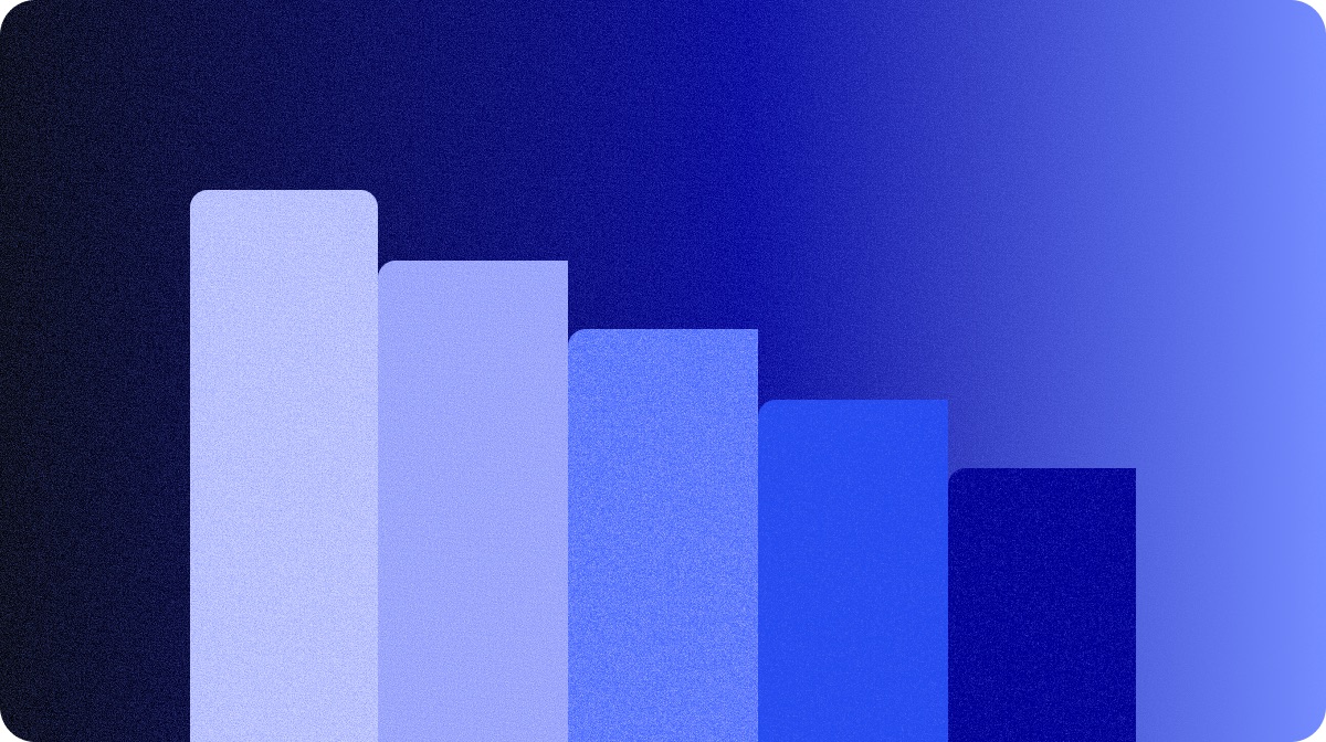 A bar chart stepping down from pale to deep blue on a navy field