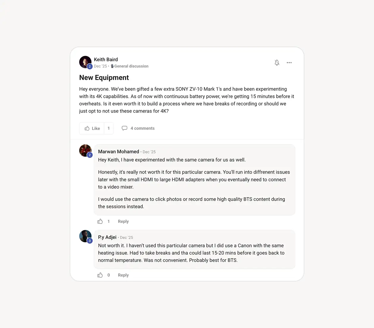 A community post asking about new equipment, with replies from two other members
