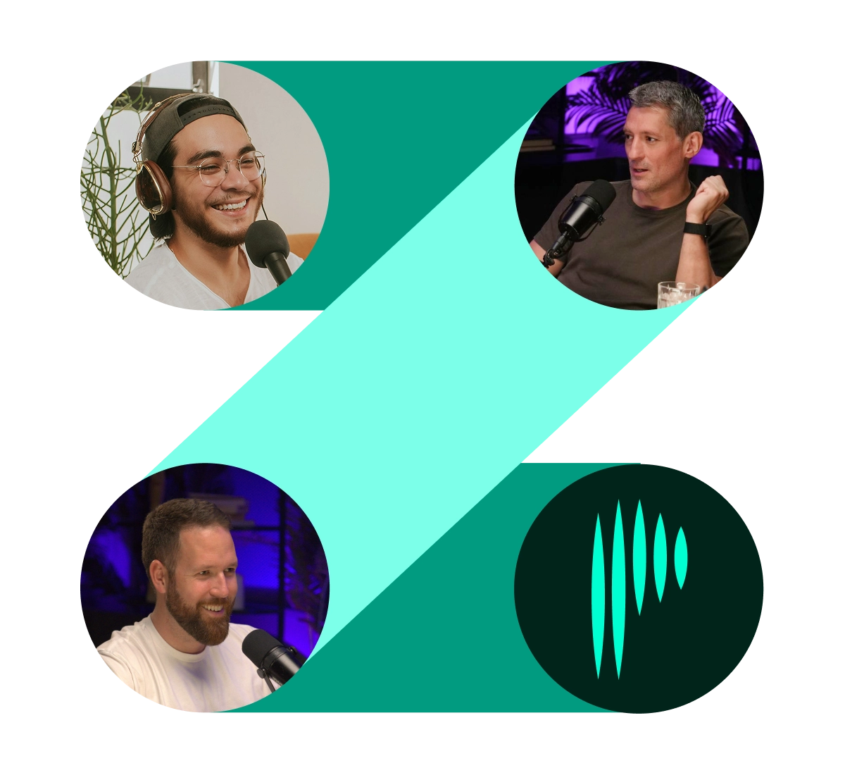 Four podcast studio owners in portrait circles around the green Podyx mark