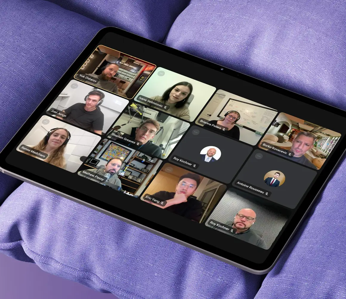 A tablet showing a grid of studio owners on a video meetup