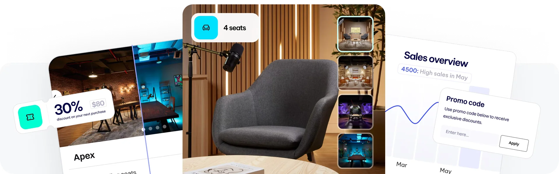 The Podyx dashboard and booking screens laid out side by side