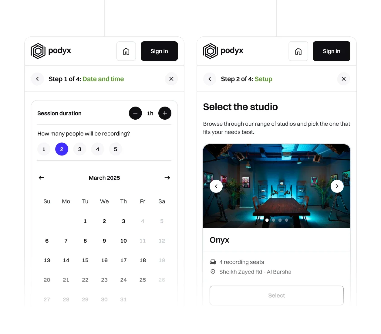 Podyx streamlined booking flow